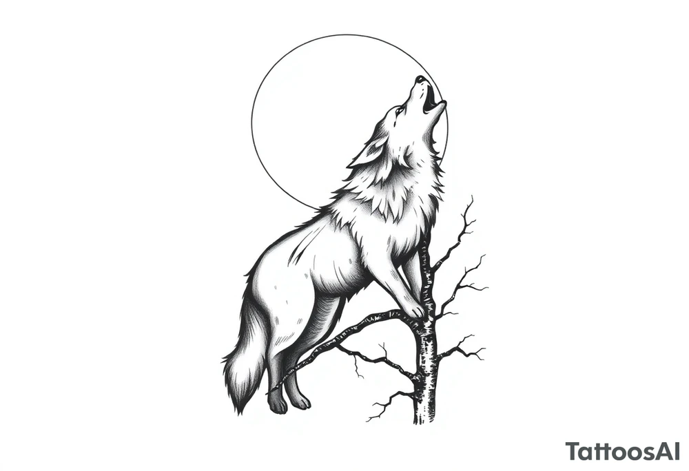 Wolf howling to the moon. Wood pakxer in a tree tattoo idea
