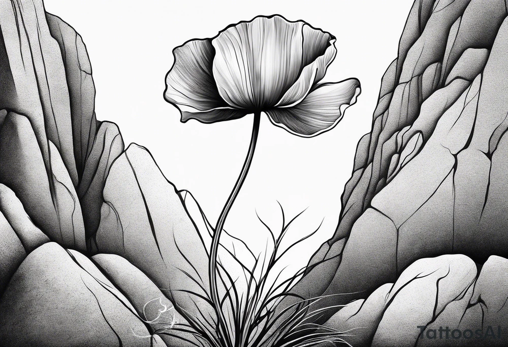 Lone  poppy growing out of boulder with roots enveloping rock tattoo idea