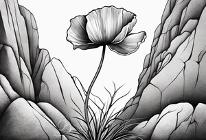 Lone  poppy growing out of boulder with roots enveloping rock tattoo idea