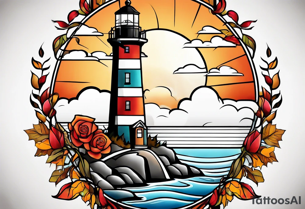 thigh tattoo in fall colors, showing lighthouse, water flow around rocks, sky, clouds, leaves, roses and no trees tattoo idea