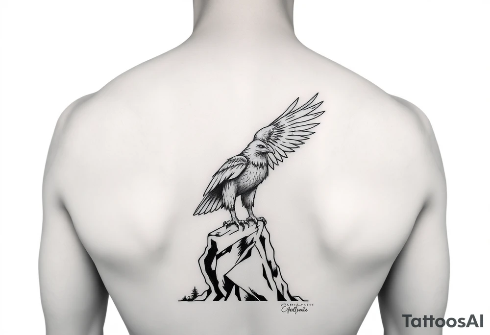 an eagle stands on a rock, landscape. tattoo idea
