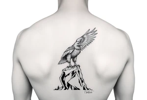 an eagle stands on a rock, landscape. tattoo idea
