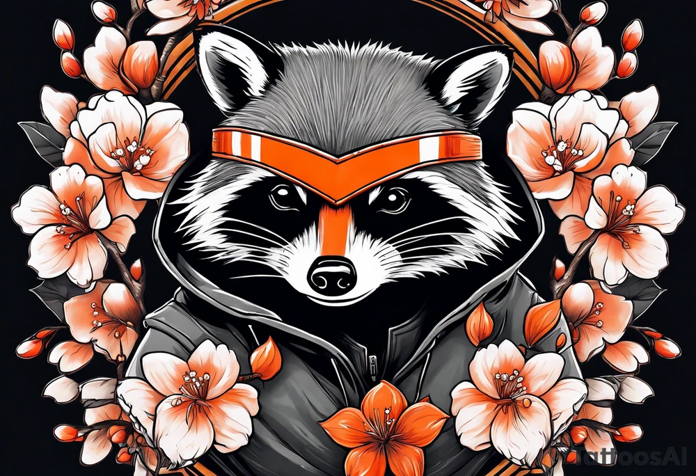 Raccoon wearing a white Superman logo on a black hoodie and orange Japanese cherry blossoms beside tattoo idea