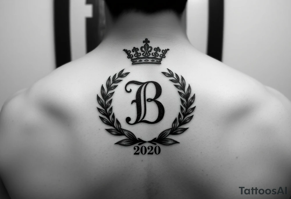 I would like to have an example for a tattoo. In which the initial B is central with a laurel wreath from bottom to top and a crown on top. Furthermore, please include a birth year 2020 or his birth date in Roman. tattoo idea