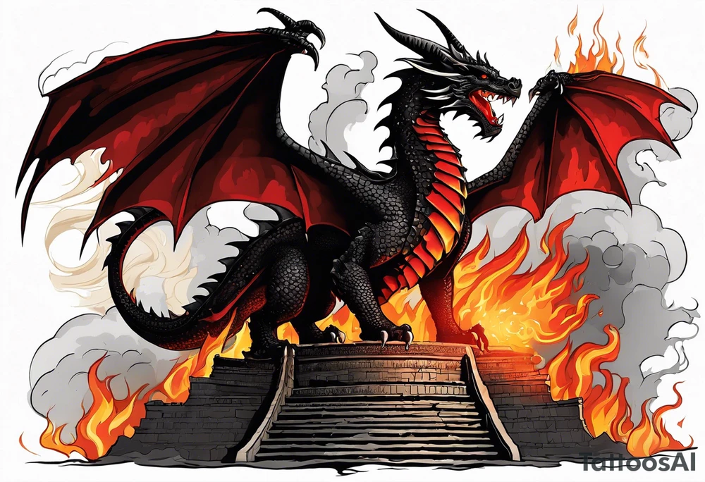 A majestic black and red dragon with shimmer golden scales standing in the burning ruins of a crumbling colosseum with flames and ash around his feet. This dragon depicts power, danger, and awe billowing flames from his mouth into the sky with wings outstretched. Show the dragon standing within the ruined, burning colosseum with crumbling columns on either side tattoo idea