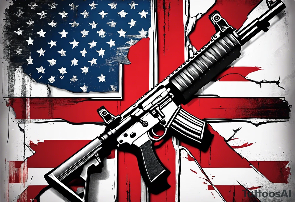 Distressed American flag behind a cross with 2 guns leaned on it simpler tattoo idea