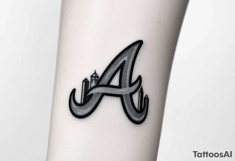 On the front of the wrist Atlanta Braves logo “A” overlapping a 3D Atlanta skyline. tattoo idea