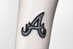 On the front of the wrist Atlanta Braves logo “A” overlapping a 3D Atlanta skyline. tattoo idea