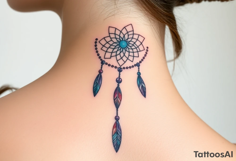 native dreamcatcher with flowing feathers and sacred beads tattoo idea