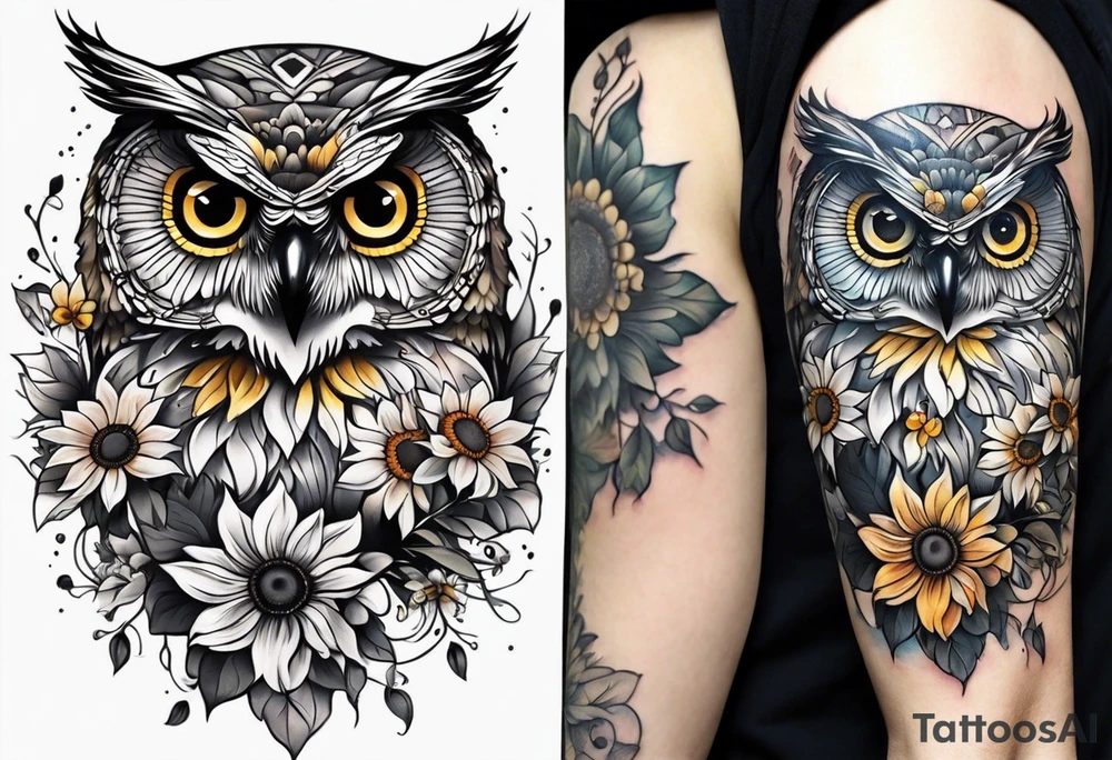 Small owl with sunflowers and butterflies arm sleeve tattoo idea