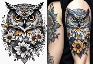 Small owl with sunflowers and butterflies arm sleeve tattoo idea