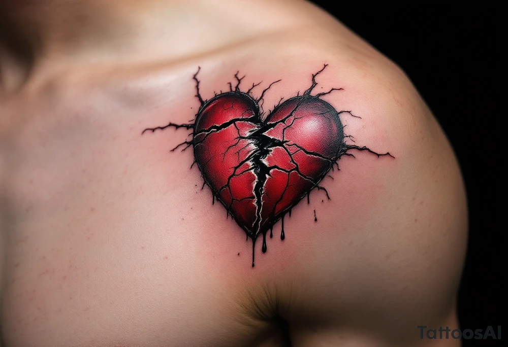 A hyper-realistic broken heart with deep crimson cracks, oozing black ink-like tears, symbolizing pain and healing. tattoo idea