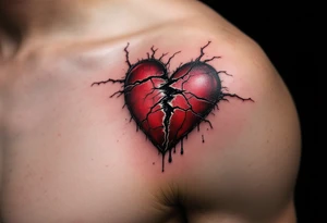 A hyper-realistic broken heart with deep crimson cracks, oozing black ink-like tears, symbolizing pain and healing. tattoo idea