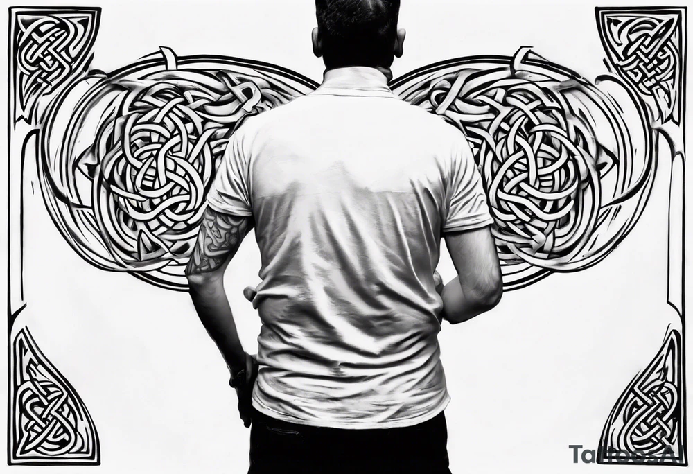 a father with a son on each shoulder from behind. A subtle design on their backs of celtic music.

This tattoo would fit on a calf. tattoo idea