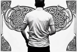 a father with a son on each shoulder from behind. A subtle design on their backs of celtic music.

This tattoo would fit on a calf. tattoo idea