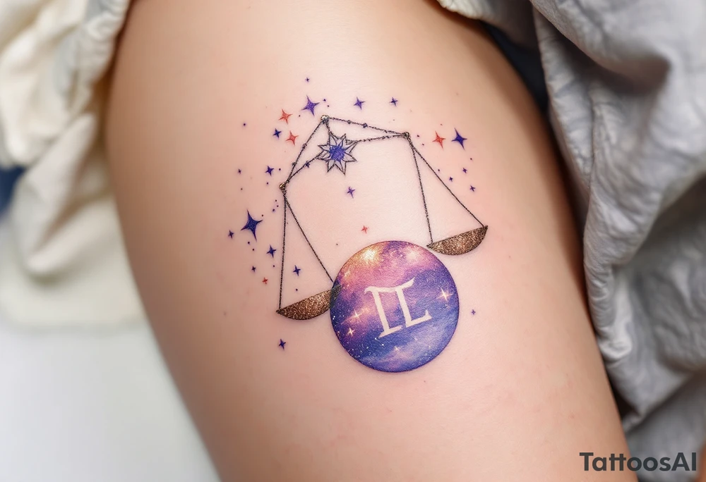 Rose gold stars connect the Libra constellation above a floating Libra symbol in soft violet. tattoo idea