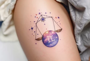 Rose gold stars connect the Libra constellation above a floating Libra symbol in soft violet. tattoo idea