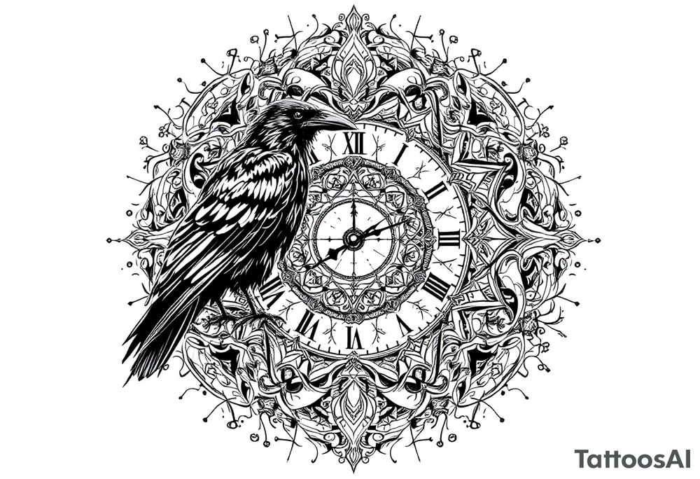 black raven standing on a clock face mandala tattoo idea
