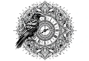 black raven standing on a clock face mandala tattoo idea