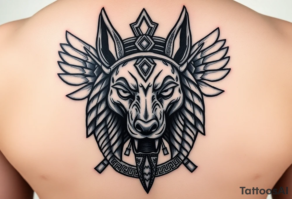 Egyptian Anubis god powerful face muscle in Egypt style with mantle on head dog face surrounded Egyptian symbols tattoo idea