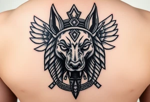 Egyptian Anubis god powerful face muscle in Egypt style with mantle on head dog face surrounded Egyptian symbols tattoo idea