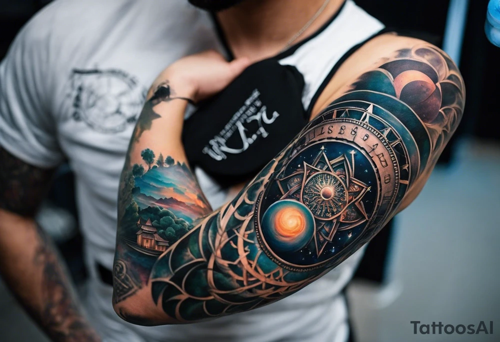 I have multiple tattos but i am getting a sleeve done on my arm.
I want the sleeve to be only about time space continuum, purpose, desire and ambition linked to it. I want the concept to me about how miniscual we are in this universe but how we feel big and lose perspective and a sense of purpose. I also want Shiva to be added to the tattoo as shiva is considered the destroyer which scientifically goes back to big bang. SO create a tattoo for me in geometric design for my whole right arm tattoo idea