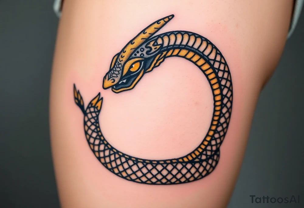 A highly detailed black and gold Ouroboros, with intricate scales and glowing eyes, symbolizing eternity and self-renewal. tattoo idea