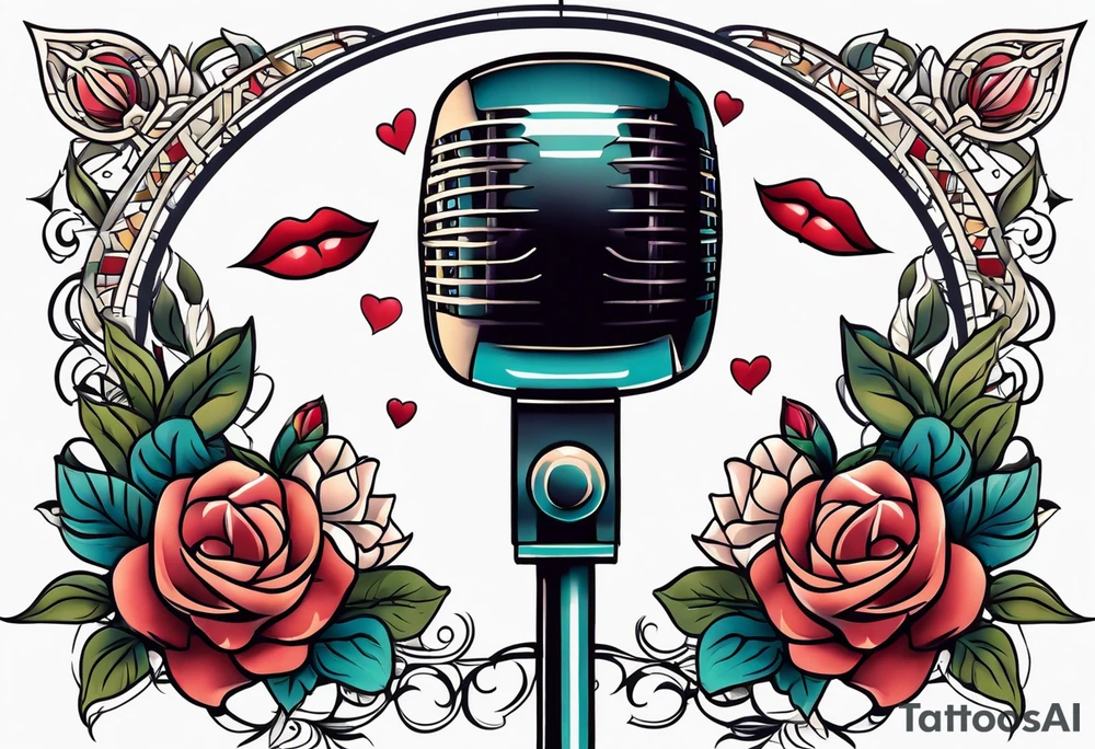 traditional vintage tattoo of lips singing in microphone simple  flowers and banner
no face tattoo idea