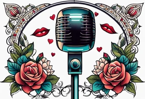 traditional vintage tattoo of lips singing in microphone simple  flowers and banner
no face tattoo idea