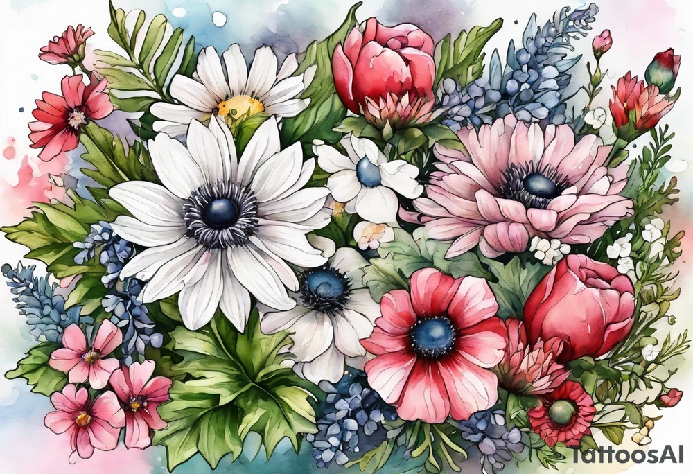 wildflowers cascading with thistles, ferns, white anemones, sun flowers, buttercups, pink flowers, red flowers, babys breath and daisies all in watercolor tattoo idea
