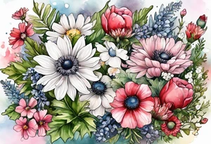 wildflowers cascading with thistles, ferns, white anemones, sun flowers, buttercups, pink flowers, red flowers, babys breath and daisies all in watercolor tattoo idea
