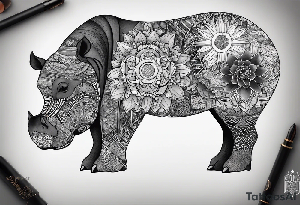 Very asymmetrical, +geometric pattern, with realistic full moon, with hippo at side look, +tribal, +geometric, +inkart , +blackwork, +grey scale, + sketch
with wintersweet flower bud, +inkart touch, +for men tattoo idea