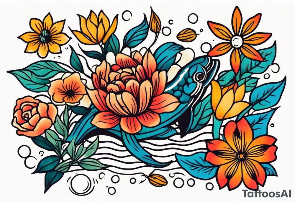 deep waters 
vintage tattoo style old school traditional bold color simple with flowers surrounded tattoo idea