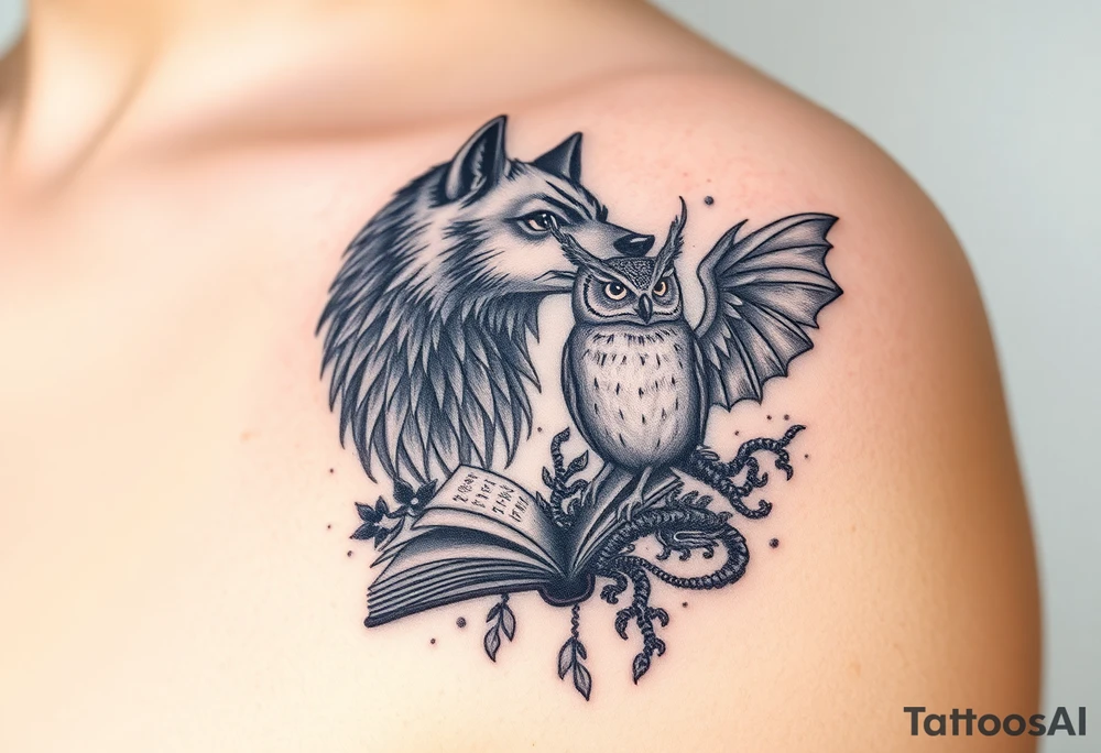 An open book with a werewolf, an owl & a dragon tattoo idea