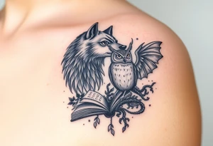 An open book with a werewolf, an owl & a dragon tattoo idea