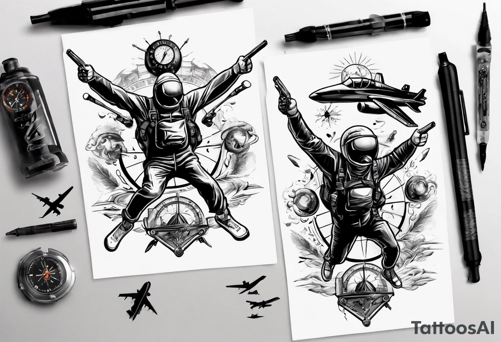 skydiving, shooting guns, compass, adventure tattoo idea