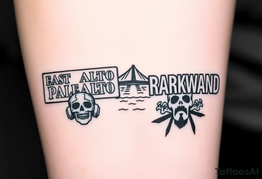“East Palo Alto” city sign and “Newark” city sign on opposite sides of a bridge going across water in California with skulls and money and  scarface tattoo idea