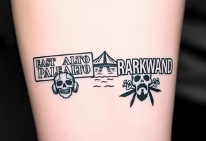 “East Palo Alto” city sign and “Newark” city sign on opposite sides of a bridge going across water in California with skulls and money and  scarface tattoo idea