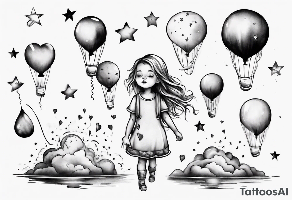 Hot water balloon with star and heart balloons and little girl inside dreaming tattoo idea