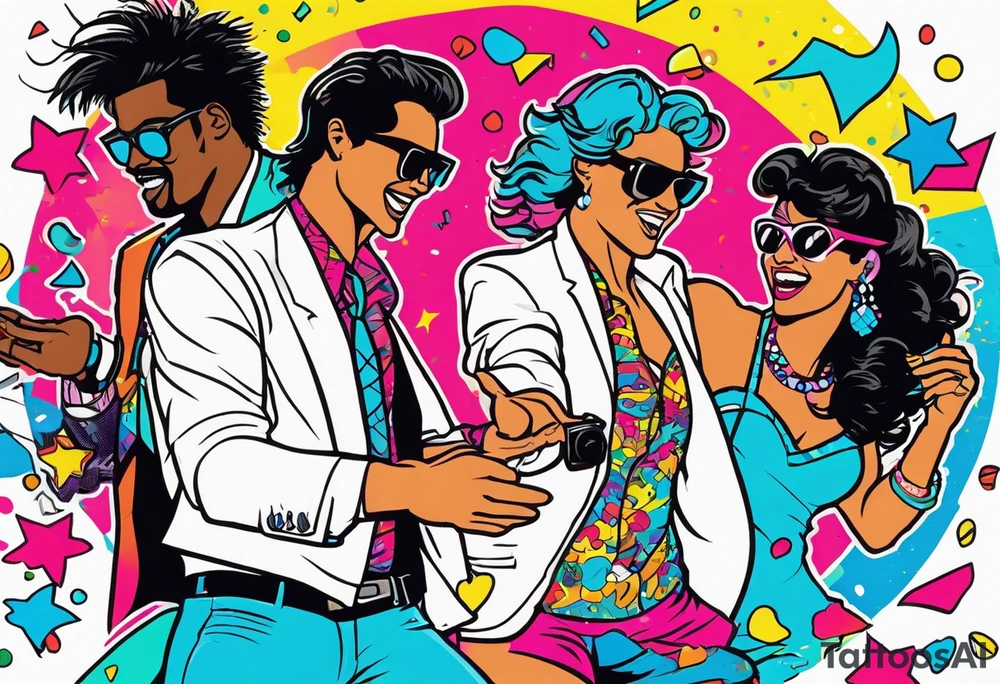 1980's miami vice style beach dance 
party, include confetti, music notes, boom box tattoo idea