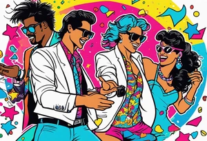 1980's miami vice style beach dance 
party, include confetti, music notes, boom box tattoo idea