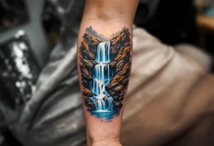 A realistic waterfall cascading down the forearm, flowing in crystal blue, white mist, and earthy browns, giving an ethereal look. tattoo idea