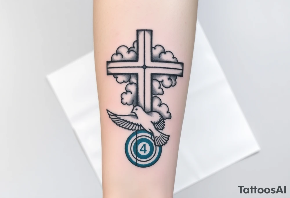 Big cross with clouds in the back everywhere  with a dove a the bottom left of the forearm with a blue circle ring it and the number 4 to the of the dove with whole tattoo covering the whole forearm tattoo idea