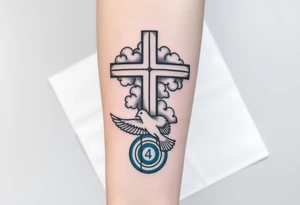Big cross with clouds in the back everywhere  with a dove a the bottom left of the forearm with a blue circle ring it and the number 4 to the of the dove with whole tattoo covering the whole forearm tattoo idea