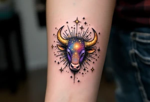The Taurus star constellation glows with warm golden hues, reflecting the earthy strength of the zodiac’s steadfast bull ♉︎. tattoo idea