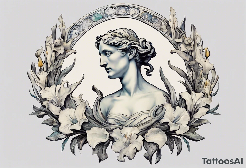 Create a colorful Vincent van Gogh Irises tattoo with an ancient Greek female statue in the middle in white marble. The tattoo should take the form of a crescent, with vines gracefully intertwining at a central point in the middle of the wreath.  The intended placement is on the upper chest. The overall design should be small in size while maintaining a delicate and artistic aesthetic. Pay attention to the graceful flow of the vines and the placement of the irises to achieve a refined and elegant look. tattoo idea
