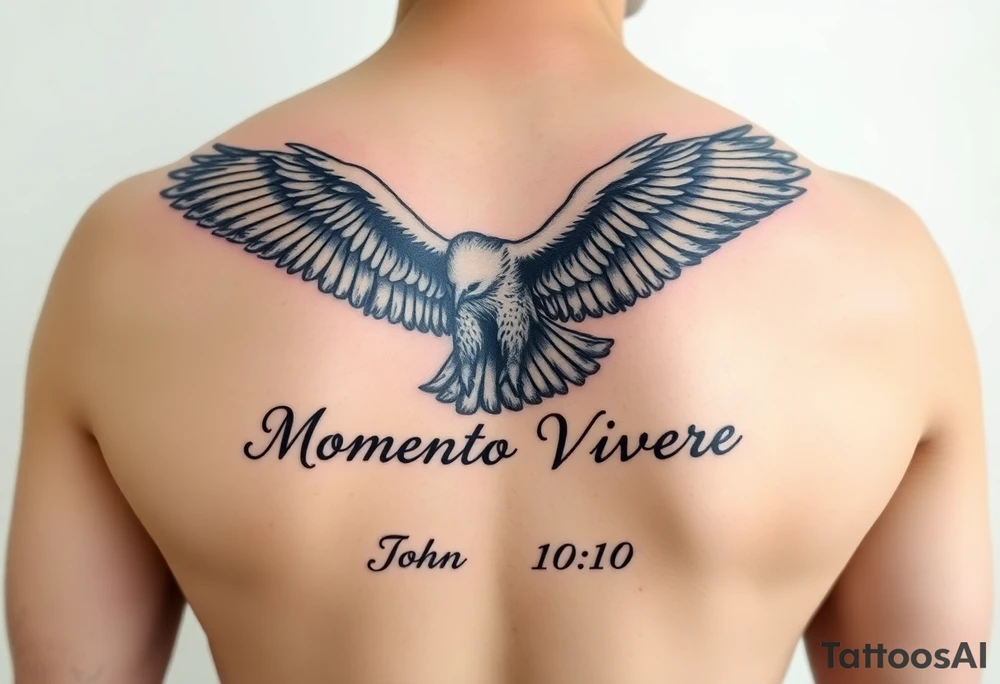 majestic eagle in flight, the words Momento Vivere and John 10:10 tattoo idea