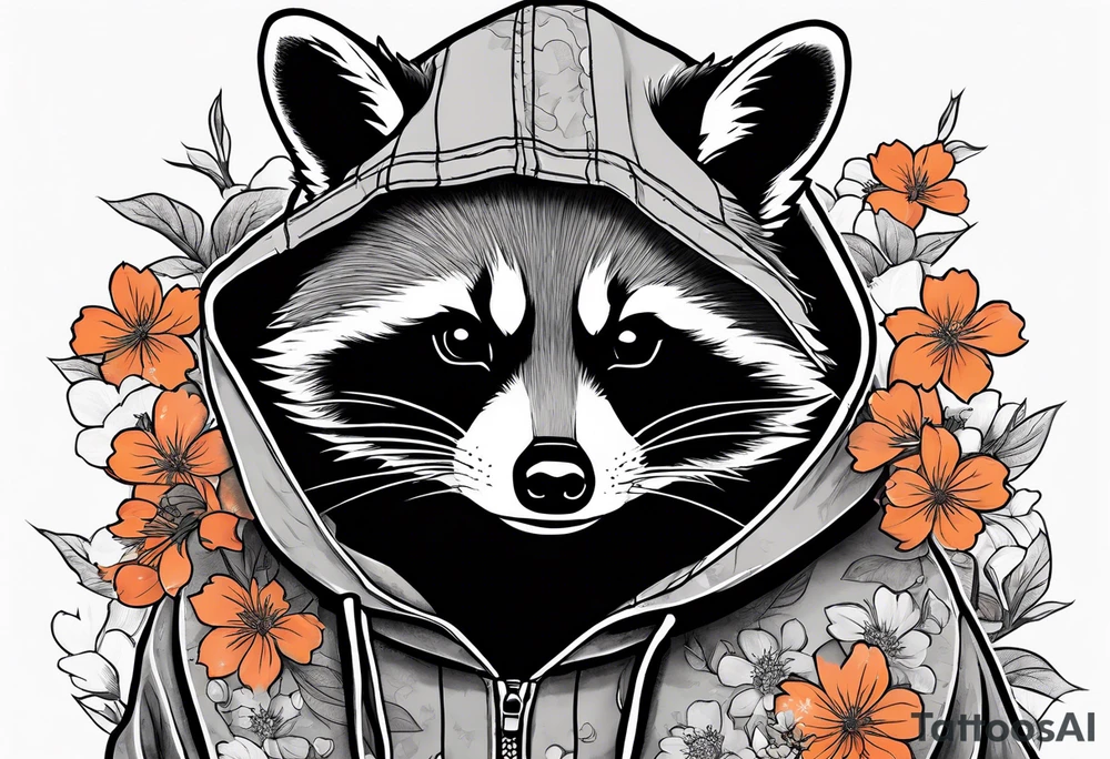 raccoon wearing a Superman hoodie with orange Japanese cherry blossoms tattoo idea