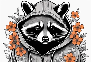 raccoon wearing a Superman hoodie with orange Japanese cherry blossoms tattoo idea