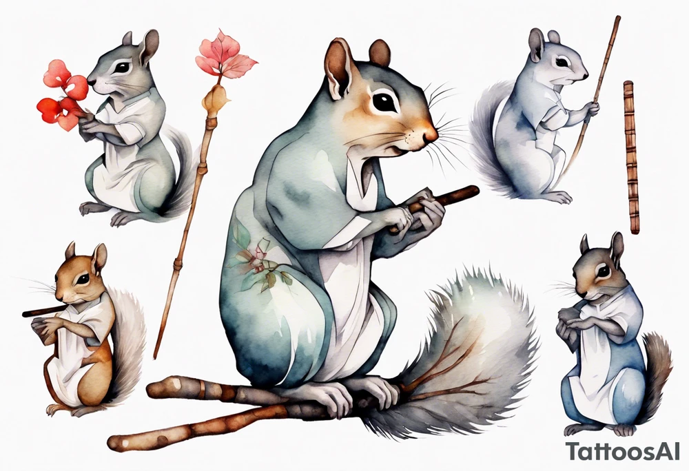 a sad grey squirrel dressed in a tunic holding a large shimmering stick tattoo idea